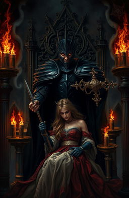 A dark and ominous scene depicting a Dark King clad in black armor, with a brooding expression, as he tortures a captured Queen who is trapped in an elaborate, shadowy throne room