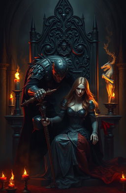 A dark and ominous scene depicting a Dark King clad in black armor, with a brooding expression, as he tortures a captured Queen who is trapped in an elaborate, shadowy throne room