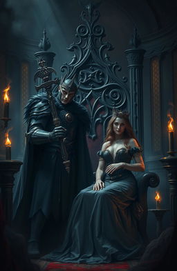 A dark and ominous scene depicting a Dark King clad in black armor, with a brooding expression, as he tortures a captured Queen who is trapped in an elaborate, shadowy throne room