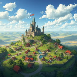 A vast kingdom landscape featuring a majestic castle atop a hill surrounded by lush green fields and colorful villages