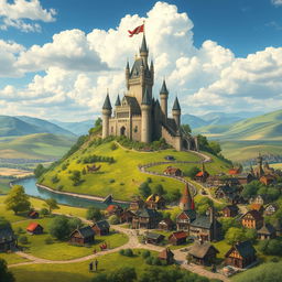 A vast kingdom landscape featuring a majestic castle atop a hill surrounded by lush green fields and colorful villages