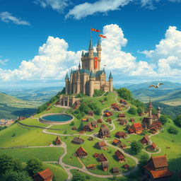 A vast kingdom landscape featuring a majestic castle atop a hill surrounded by lush green fields and colorful villages