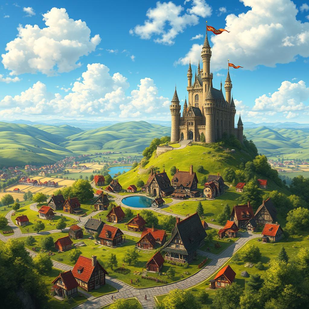 A vast kingdom landscape featuring a majestic castle atop a hill surrounded by lush green fields and colorful villages