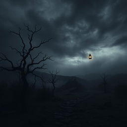A hauntingly beautiful scene depicting a vast, desolate landscape shrouded in darkness, symbolizing hopelessness