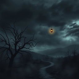 A hauntingly beautiful scene depicting a vast, desolate landscape shrouded in darkness, symbolizing hopelessness