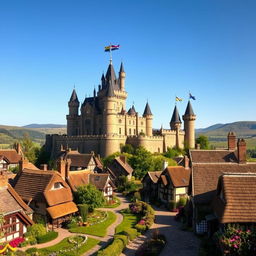 A scenic kingdom featuring a majestic castle at its center, surrounded by quaint villages nestled within protective stone walls
