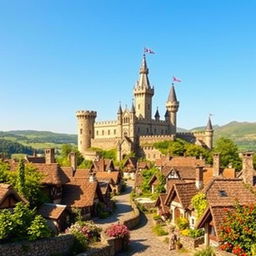 A scenic kingdom featuring a majestic castle at its center, surrounded by quaint villages nestled within protective stone walls