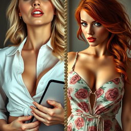 A split screen image showcasing two stunning women in close-up torso shots