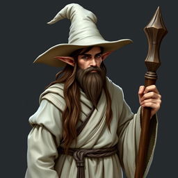 A demi-elf wizard with long brown hair, clean-shaven, wearing worn white robes and a large wizard hat