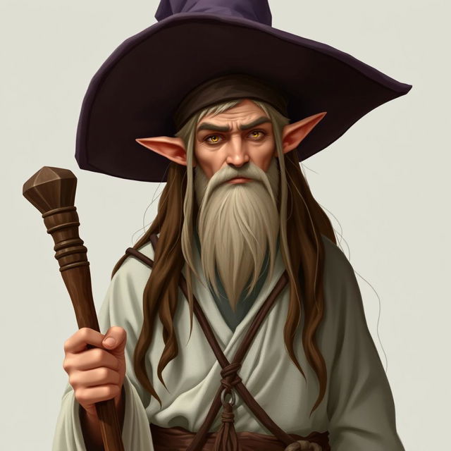 A demi-elf wizard with long brown hair, clean-shaven, wearing worn white robes and a large wizard hat