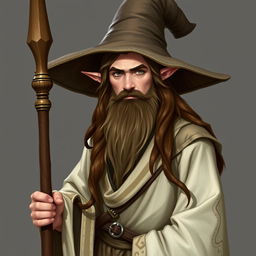 A demi-elf wizard with long brown hair, clean-shaven, wearing worn white robes and a large wizard hat