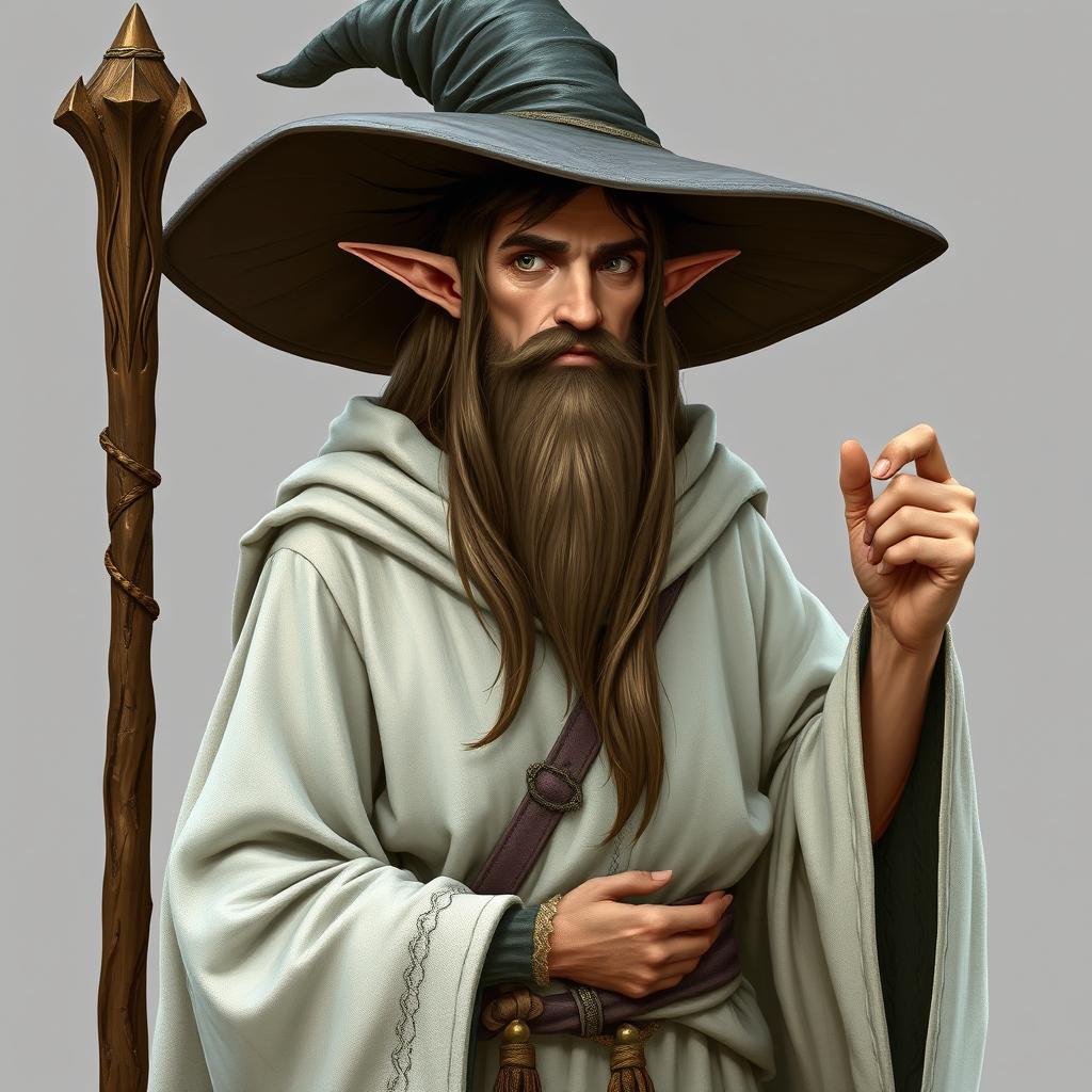 A demi-elf wizard with long brown hair, clean-shaven, wearing worn white robes and a large wizard hat