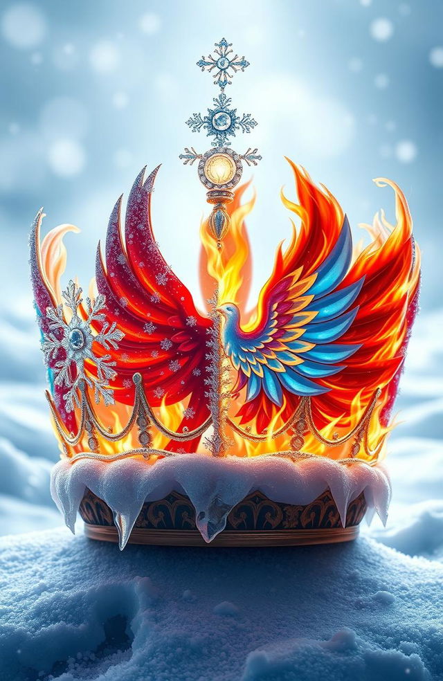 A beautifully crafted crown that merges two distinct elements: one side adorned with sparkling, cold snowflakes and icicles representing a winter kingdom for a king, while the other side features vibrant, fiery designs symbolizing a phoenix, with flames and feathers that suggest warmth and passion for a queen