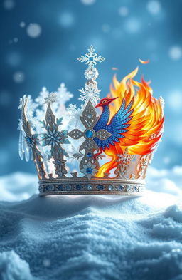 A beautifully crafted crown that merges two distinct elements: one side adorned with sparkling, cold snowflakes and icicles representing a winter kingdom for a king, while the other side features vibrant, fiery designs symbolizing a phoenix, with flames and feathers that suggest warmth and passion for a queen