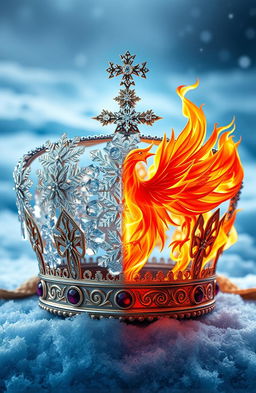 A beautifully crafted crown that merges two distinct elements: one side adorned with sparkling, cold snowflakes and icicles representing a winter kingdom for a king, while the other side features vibrant, fiery designs symbolizing a phoenix, with flames and feathers that suggest warmth and passion for a queen