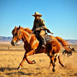 A dynamic scene depicting a cowboy in traditional attire, complete with a wide-brimmed hat and leather boots, riding a strong, muscular horse