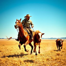 A dynamic scene depicting a cowboy in traditional attire, complete with a wide-brimmed hat and leather boots, riding a strong, muscular horse