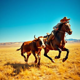 A dynamic scene depicting a cowboy in traditional attire, complete with a wide-brimmed hat and leather boots, riding a strong, muscular horse