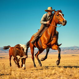 A dynamic scene depicting a cowboy in traditional attire, complete with a wide-brimmed hat and leather boots, riding a strong, muscular horse