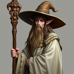 A demi-elf wizard with long, flowing brown hair and no beard, dressed in aged, worn white robes and adorned with a large, majestic wizard hat