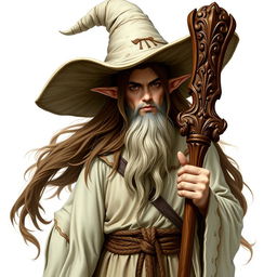 A demi-elf wizard with long, flowing brown hair and no beard, dressed in aged, worn white robes and adorned with a large, majestic wizard hat