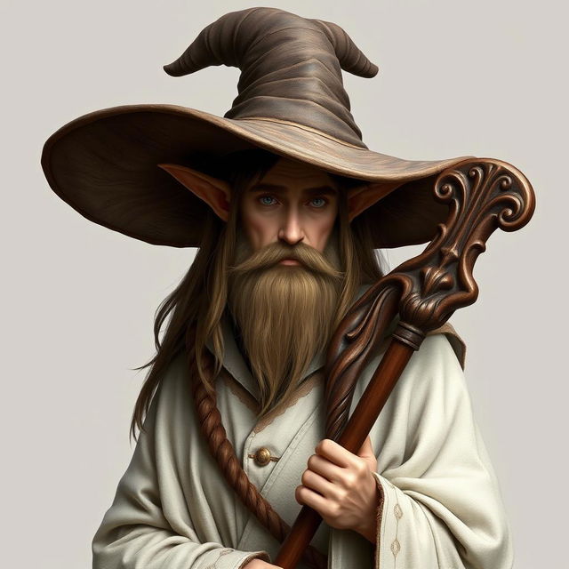 A demi-elf wizard with long, flowing brown hair and no beard, dressed in aged, worn white robes and adorned with a large, majestic wizard hat