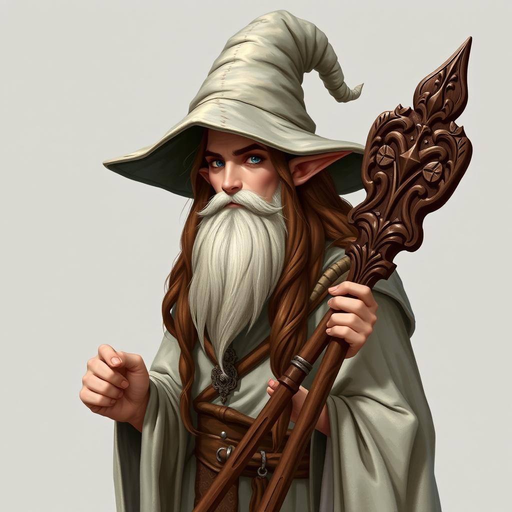 A demi-elf wizard with long, flowing brown hair and no beard, dressed in aged, worn white robes and adorned with a large, majestic wizard hat