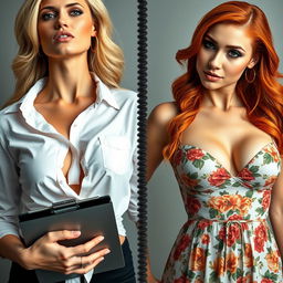 A split screen image featuring two stunning females in close-up torso shots