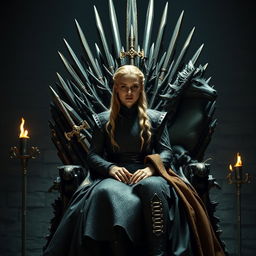 An awe-inspiring scene portraying Daenerys Targaryen, the iconic character from the fantasy series, seated majestically on the Iron Throne