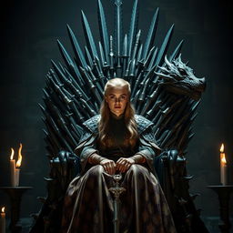 An awe-inspiring scene portraying Daenerys Targaryen, the iconic character from the fantasy series, seated majestically on the Iron Throne