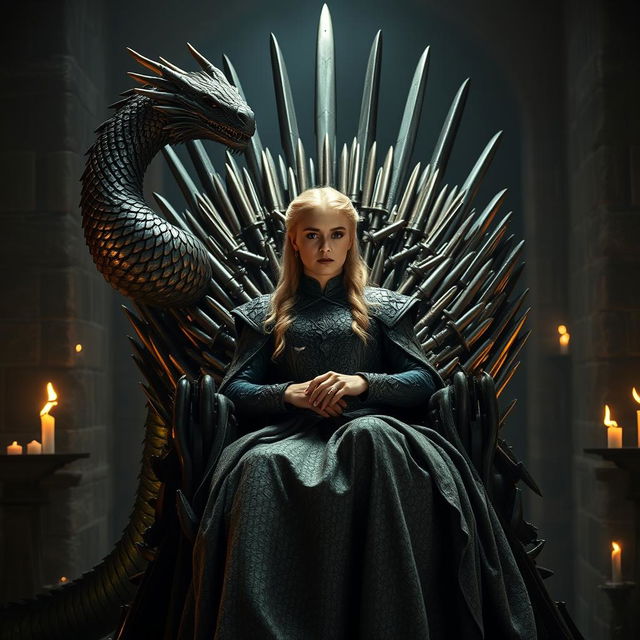 An awe-inspiring scene portraying Daenerys Targaryen, the iconic character from the fantasy series, seated majestically on the Iron Throne