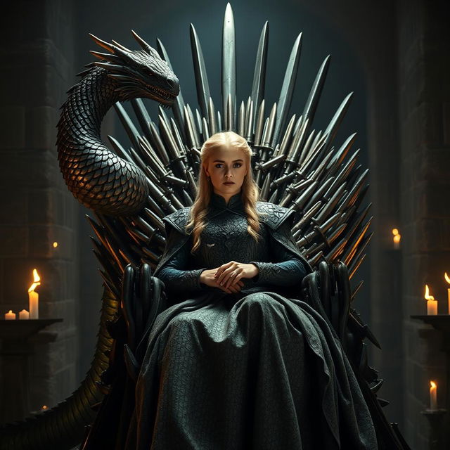 An awe-inspiring scene portraying Daenerys Targaryen, the iconic character from the fantasy series, seated majestically on the Iron Throne