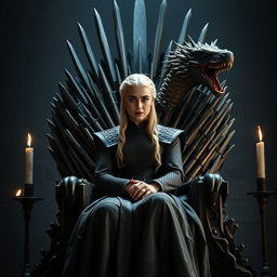 An awe-inspiring scene portraying Daenerys Targaryen, the iconic character from the fantasy series, seated majestically on the Iron Throne