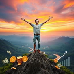 A visually inspiring scene depicting the concept of financial freedom, featuring a serene landscape with a person joyfully standing on a mountain peak, arms outstretched towards a vast sunset sky filled with vibrant oranges and pinks