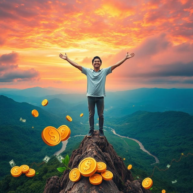 A visually inspiring scene depicting the concept of financial freedom, featuring a serene landscape with a person joyfully standing on a mountain peak, arms outstretched towards a vast sunset sky filled with vibrant oranges and pinks