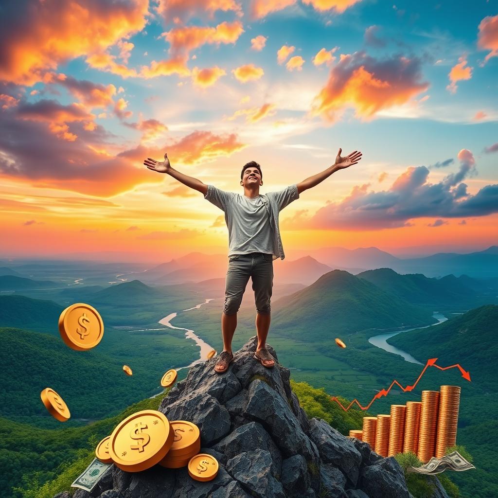 A visually inspiring scene depicting the concept of financial freedom, featuring a serene landscape with a person joyfully standing on a mountain peak, arms outstretched towards a vast sunset sky filled with vibrant oranges and pinks