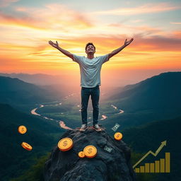 A visually inspiring scene depicting the concept of financial freedom, featuring a serene landscape with a person joyfully standing on a mountain peak, arms outstretched towards a vast sunset sky filled with vibrant oranges and pinks