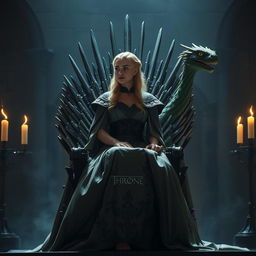 A captivating scene featuring Daenerys Targaryen poised elegantly on the Iron Throne, exuding confidence and authority
