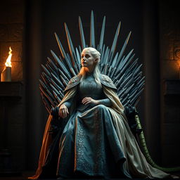 A captivating scene featuring Daenerys Targaryen poised elegantly on the Iron Throne, exuding confidence and authority