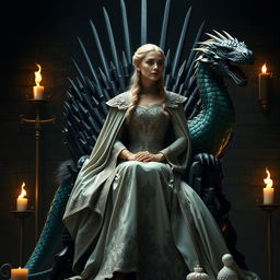 A captivating scene featuring Daenerys Targaryen poised elegantly on the Iron Throne, exuding confidence and authority