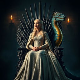 A captivating scene featuring Daenerys Targaryen poised elegantly on the Iron Throne, exuding confidence and authority