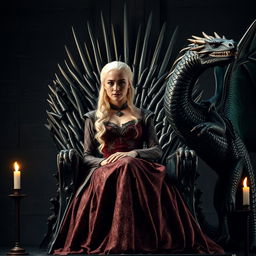 A powerful scene of Daenerys Targaryen elegantly seated on the Iron Throne, radiating strength and determination
