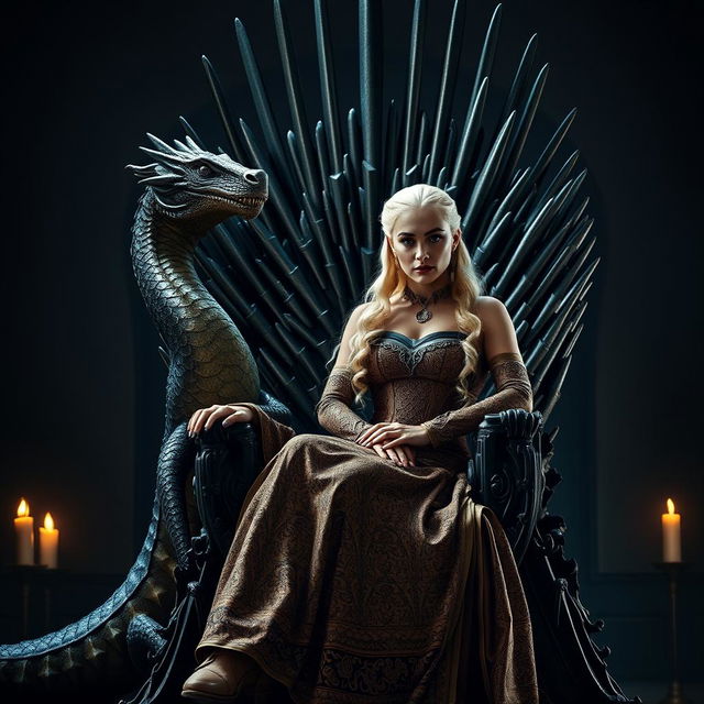 A powerful scene of Daenerys Targaryen elegantly seated on the Iron Throne, radiating strength and determination