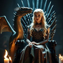 A powerful scene of Daenerys Targaryen elegantly seated on the Iron Throne, radiating strength and determination