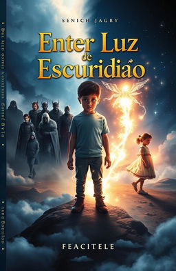 Book cover design, front and back, for a novel titled 'Entre Luz e Escuridão'