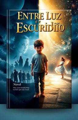 Book cover design, front and back, for a novel titled 'Entre Luz e Escuridão'