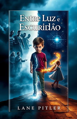 Book cover design, front and back, for a novel titled 'Entre Luz e Escuridão'