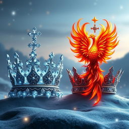 A majestic crown designed for a king made of shimmering cold snowflakes and icicles that reflect light, symbolizing a winter realm, alongside a stunning crown for a queen intricately adorned with vibrant, fiery elements representing a phoenix, complete with flowing flames and rich feather textures