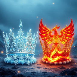 A majestic crown designed for a king made of shimmering cold snowflakes and icicles that reflect light, symbolizing a winter realm, alongside a stunning crown for a queen intricately adorned with vibrant, fiery elements representing a phoenix, complete with flowing flames and rich feather textures