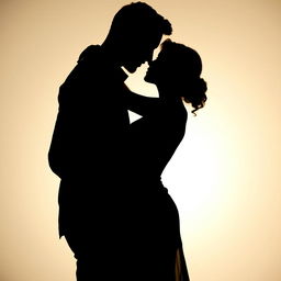 A romantic silhouette of a couple in a tender embrace, their noses gently touching